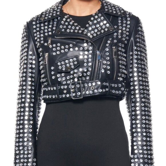 Callie Lives Xena 3006 Black AZALEA WANG 3000 Rhinestone Studded Moto Jacket ML - Picture 13 of 14
